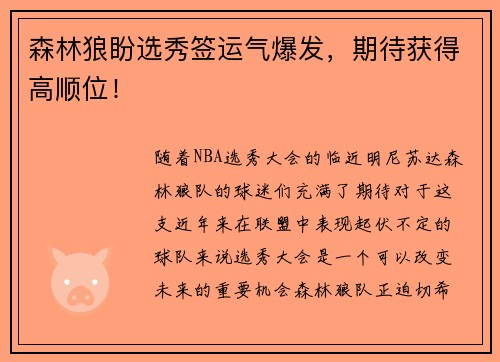 森林狼盼选秀签运气爆发，期待获得高顺位！